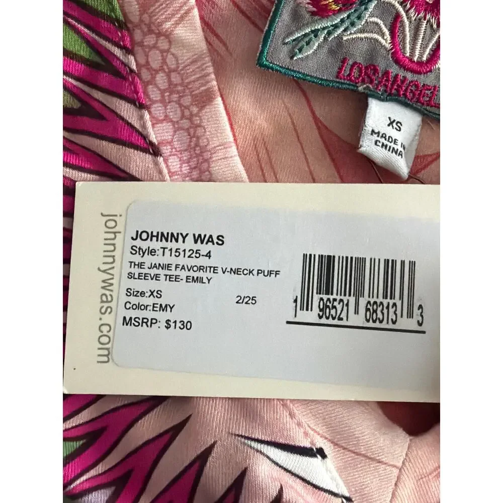 Johnny Was The Janie T-Shirt V-Neck Puff Sleeve in Emily Women's XS NEW